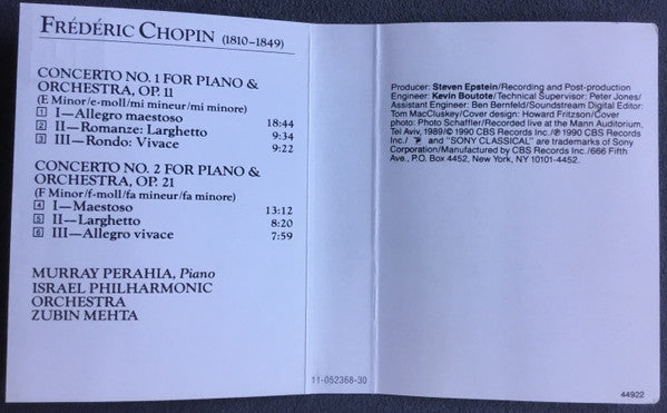 Murray Perahia, Israel Philharmonic Orchestra / Zubin Mehta : Chopin: Piano Concertos Nos. 1 & 2 (DAT)