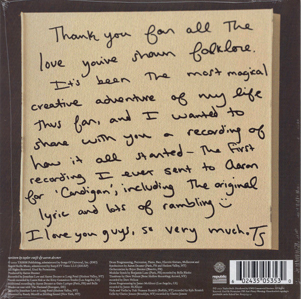Taylor Swift : Cardigan (+ Songwriting Voice Memo) (7", Single, Ltd, Gol)