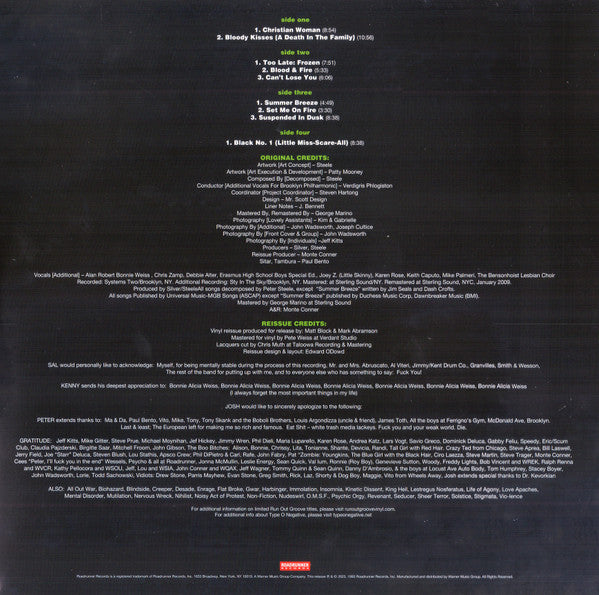 Type O Negative : Bloody Kisses (2xLP, Album, RE, RM, Gre)