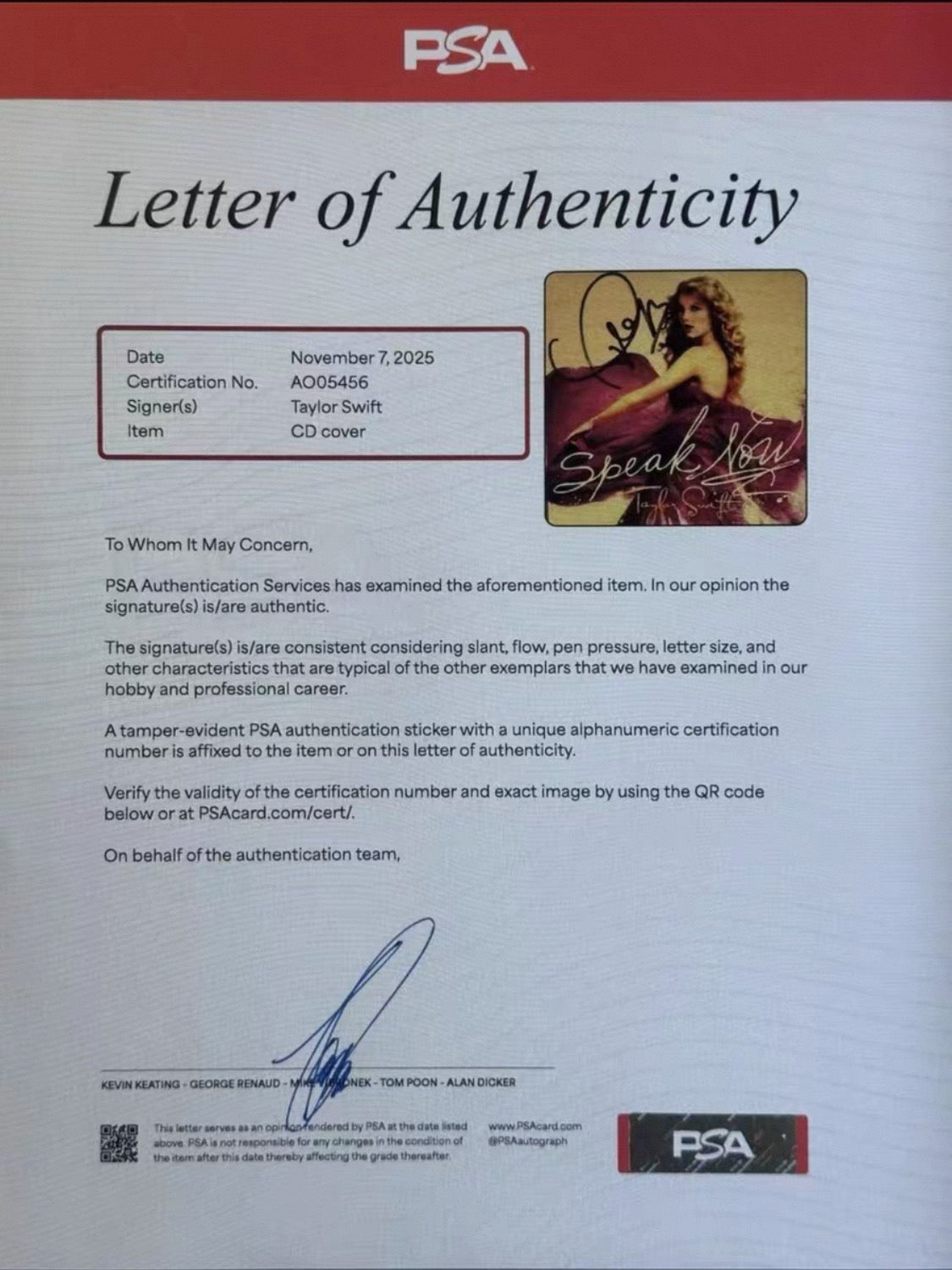 Taylor Swift Speak Now Signed CD PSA Certified Autographed NM