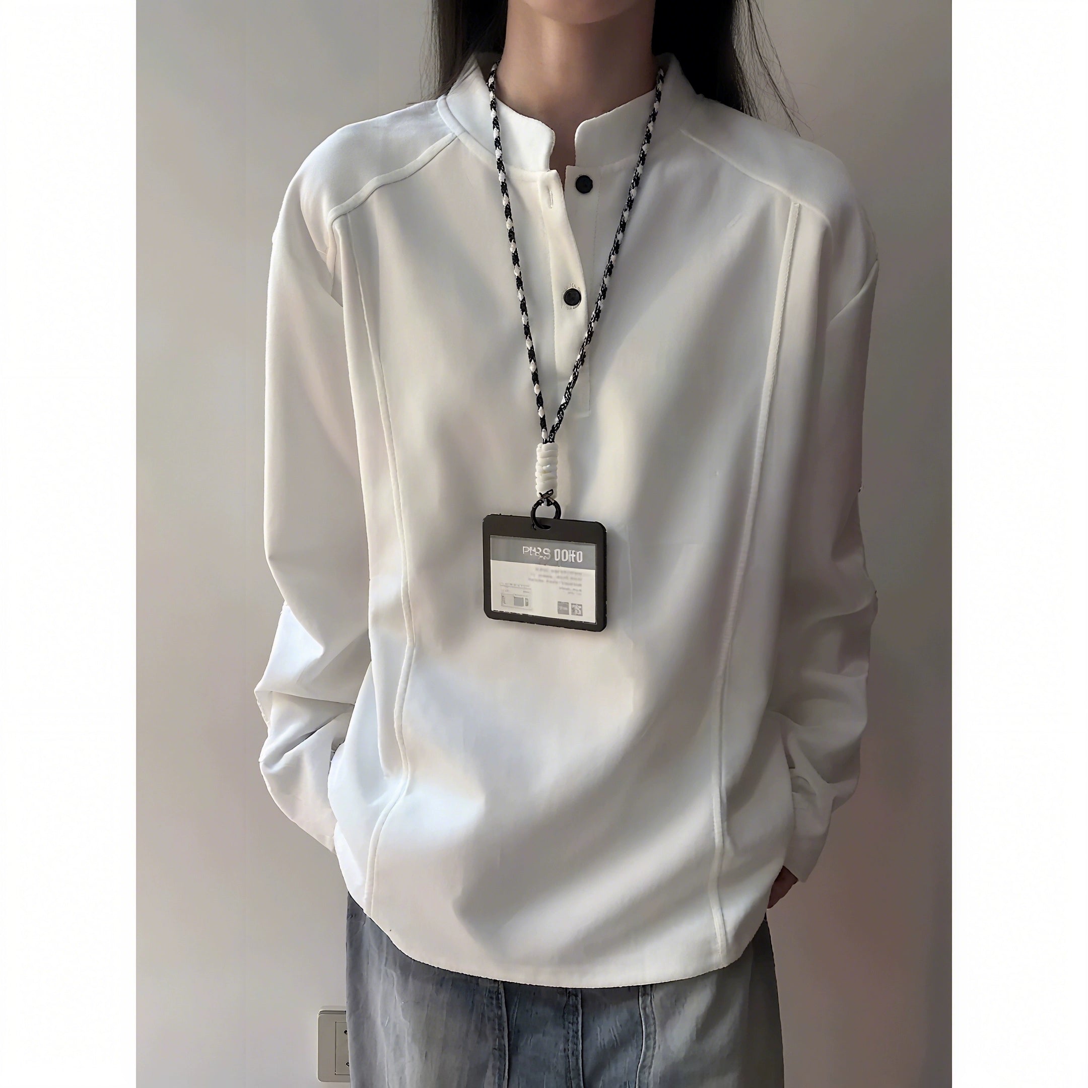 White gray Henry collar front shoulder long-sleeved T-shirt men's autumn American deconstruction splicing heavy sweater stand-up collar bottoming shirt