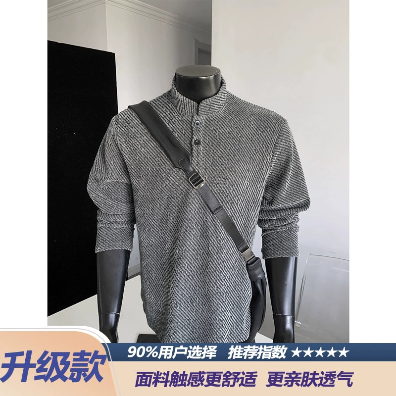 American front shoulder Henry shirt men's long-sleeved t-shirt spring and autumn top with trendy brand texture jacquard Polo sweater men