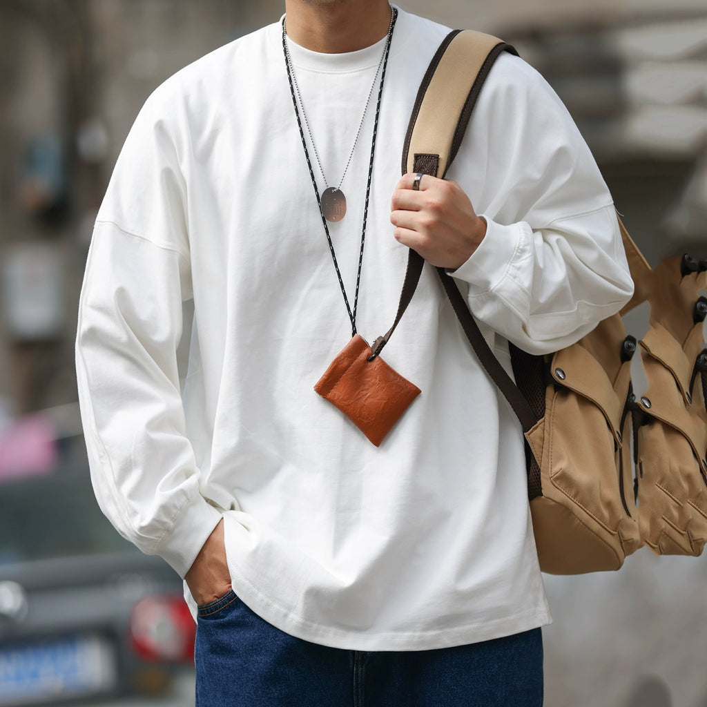 Japanese 290g heavy-duty long-sleeved T-shirt men's line splicing sleeve cage loose solid color round neck casual bottoming shirt