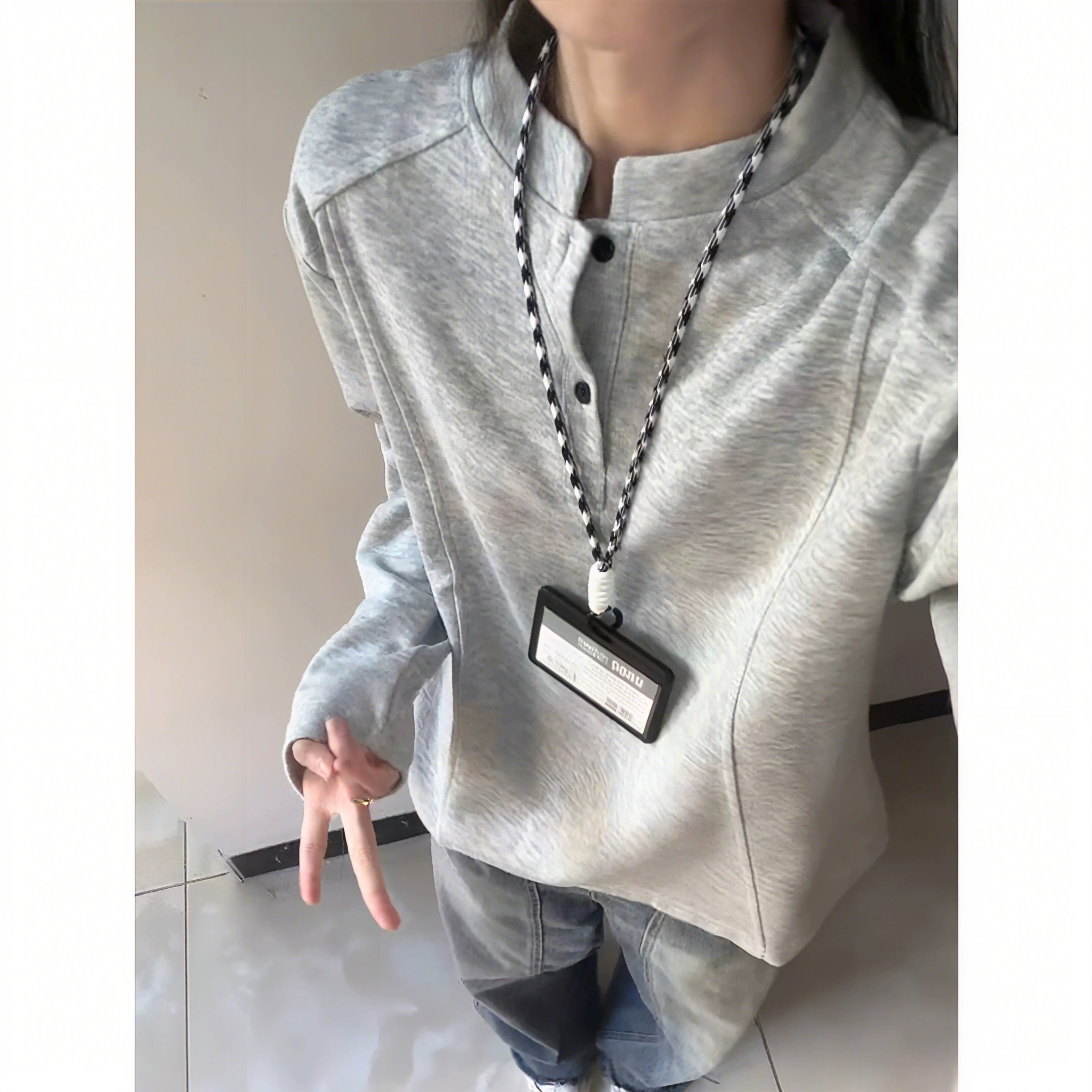 White gray Henry collar front shoulder long-sleeved T-shirt men's autumn American deconstruction splicing heavy sweater stand-up collar bottoming shirt