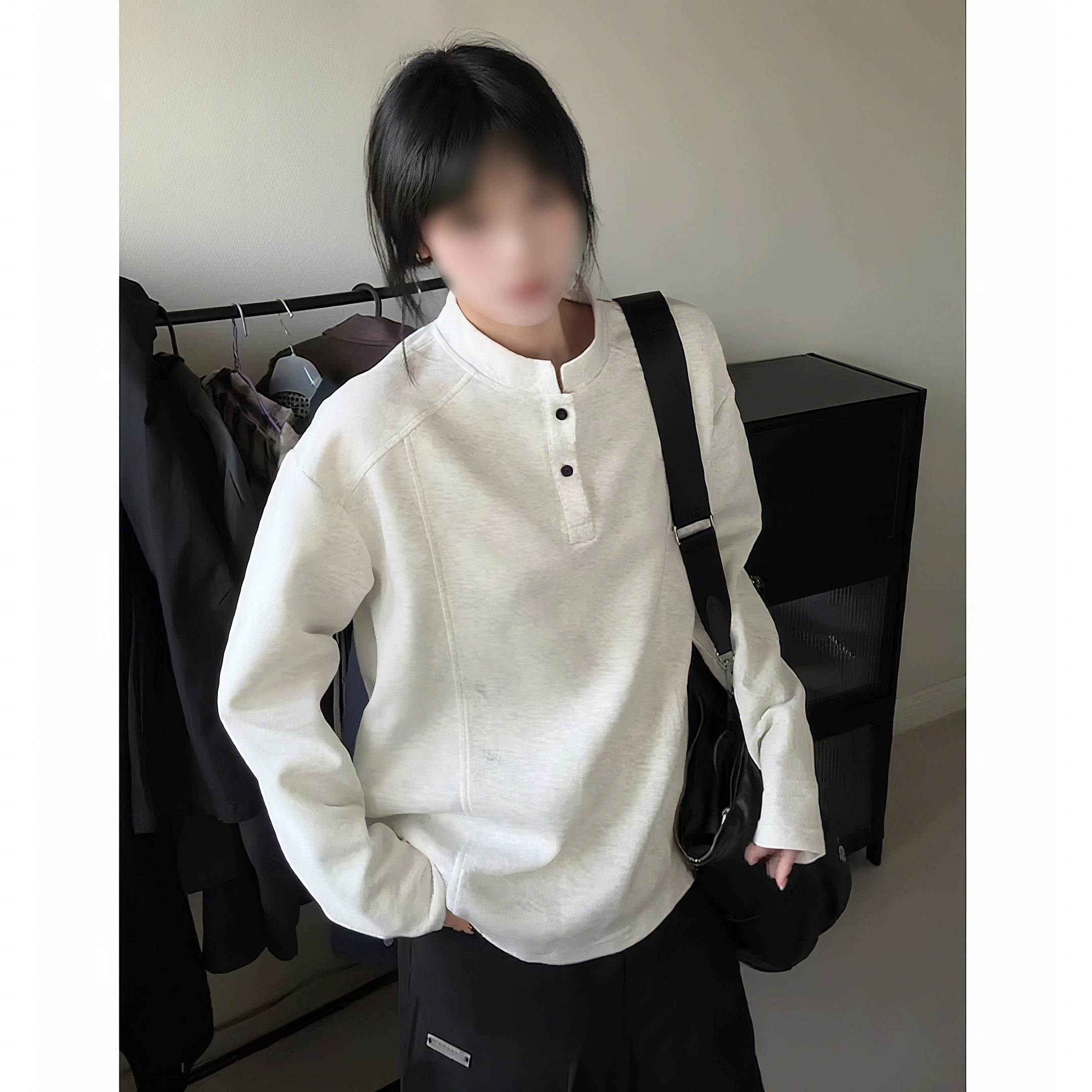 White gray Henry collar front shoulder long-sleeved T-shirt men's autumn American deconstruction splicing heavy sweater stand-up collar bottoming shirt