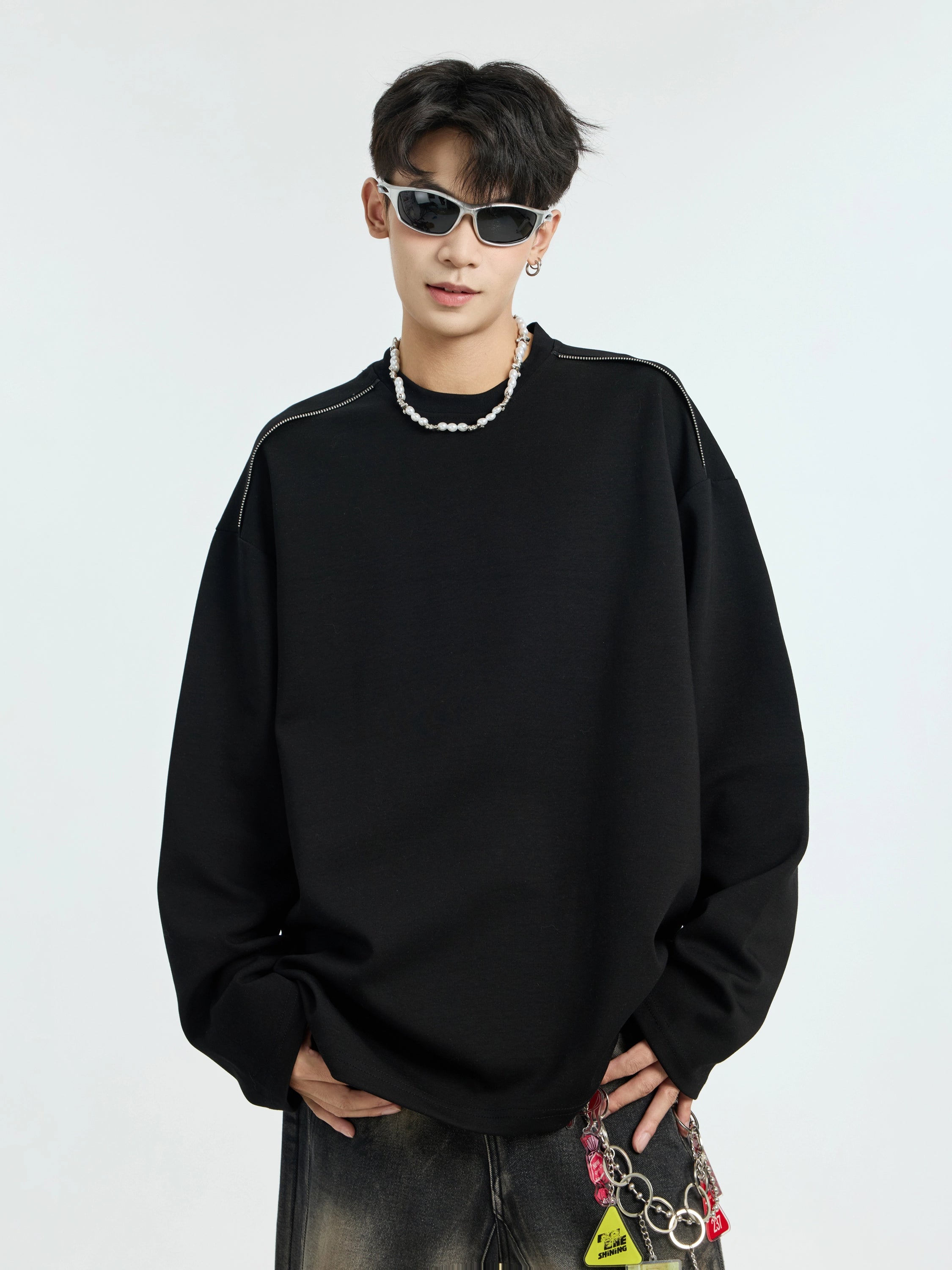 Fleece thickened solid color long-sleeved T-shirt men's American heavy loose couple bottoming shirt