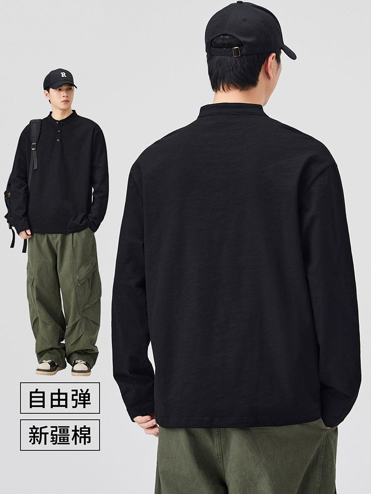 Slub cotton cotton long-sleeved T-shirt men's spring and autumn Henry collar loose bottoming top