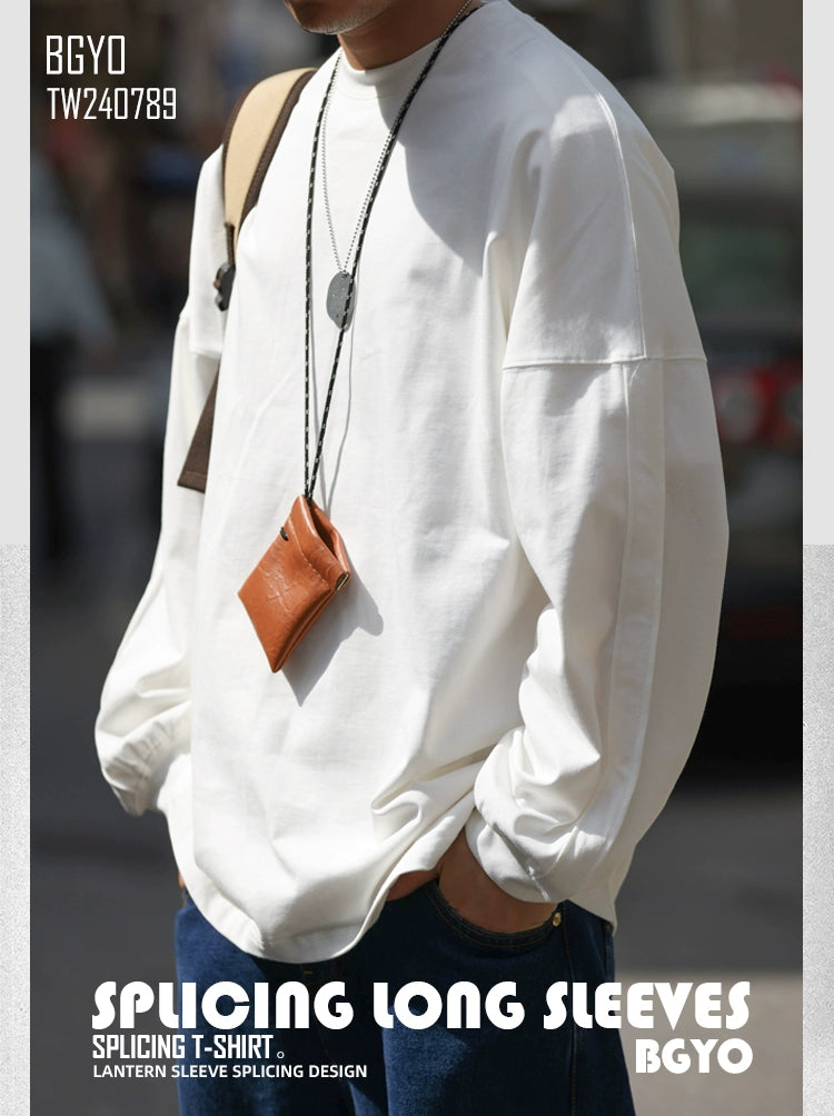 Japanese 290g heavy-duty long-sleeved T-shirt men's line splicing sleeve cage loose solid color round neck casual bottoming shirt