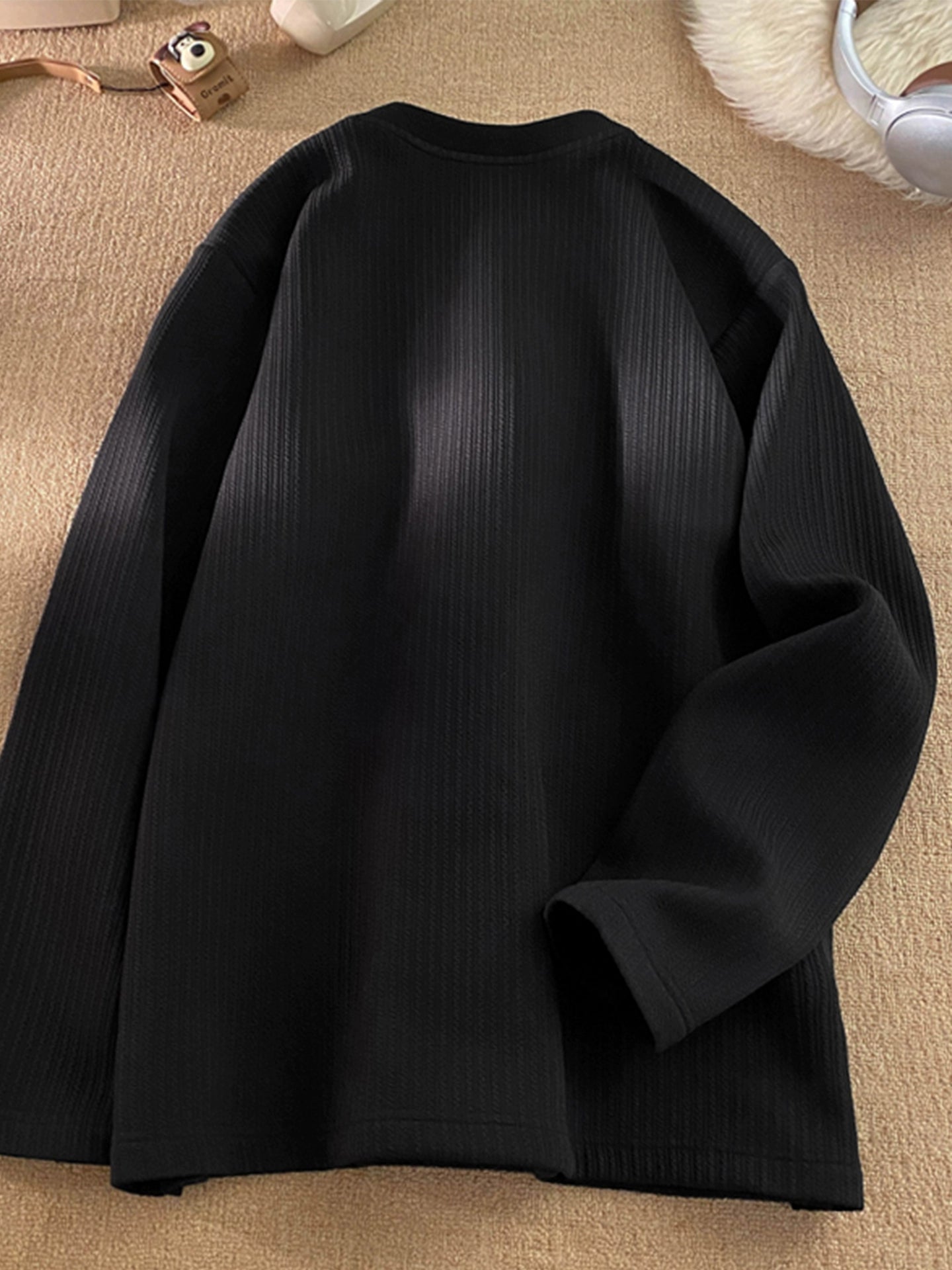 Men's autumn and winter thickened thermal top with V-neck long-sleeved T-shirt heavy and loose