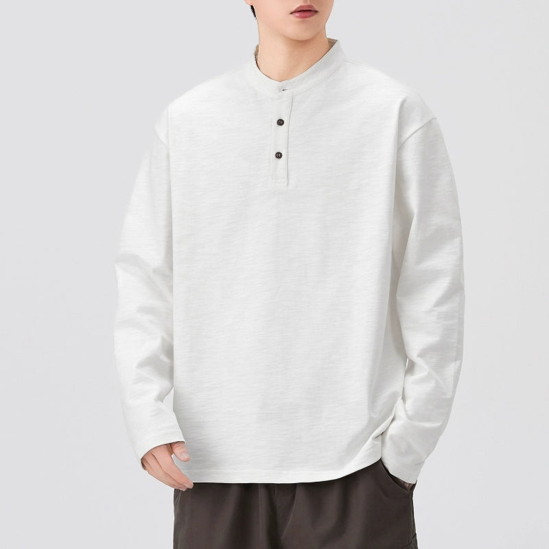 Slub cotton cotton long-sleeved T-shirt men's spring and autumn Henry collar loose bottoming top