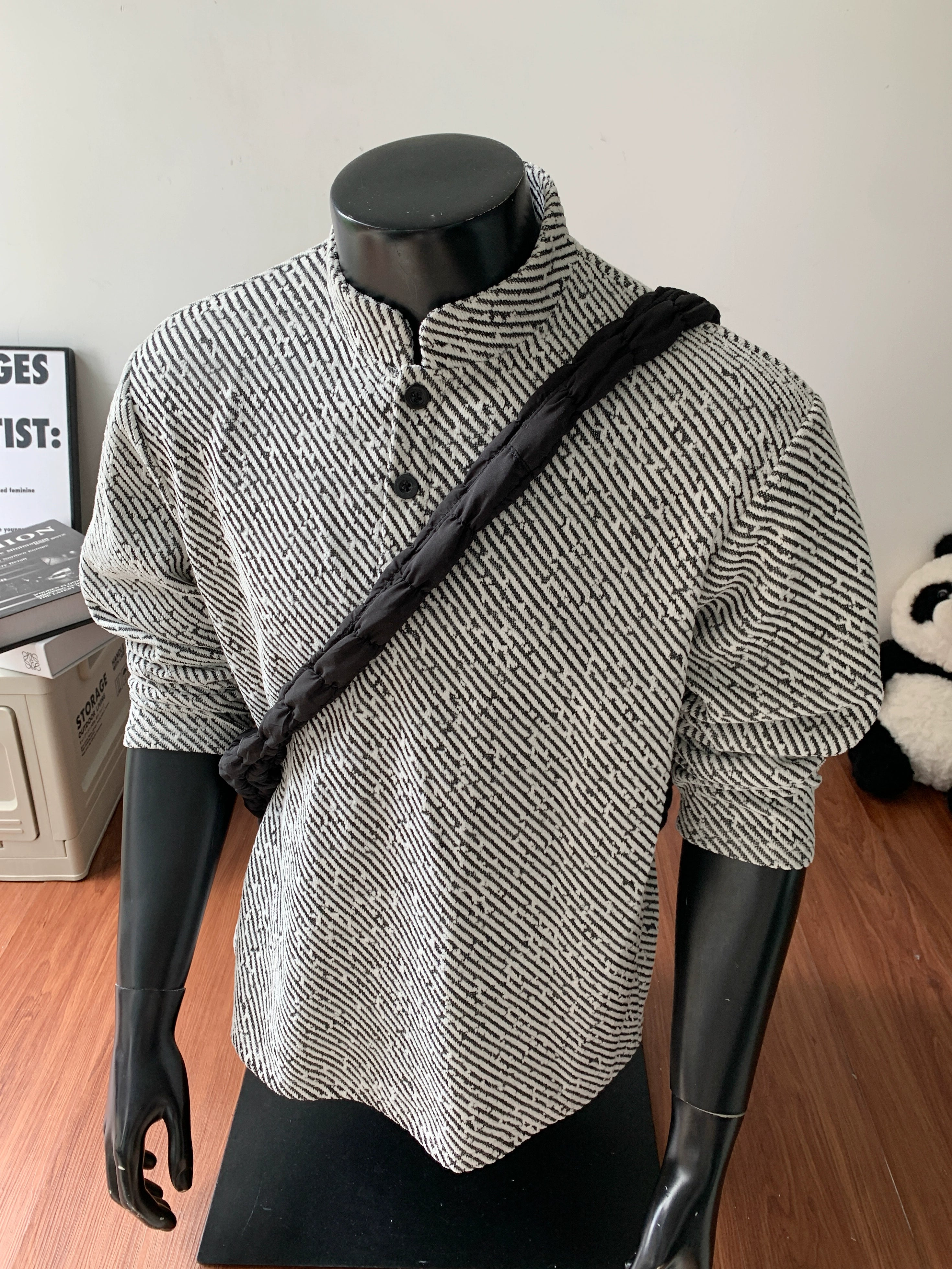 American front shoulder Henry shirt men's long-sleeved t-shirt spring and autumn top with trendy brand texture jacquard Polo sweater men