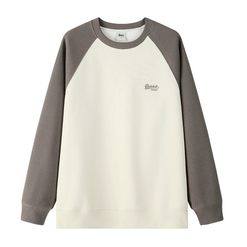 Spring and Autumn Japanese Trend Contrast Color Ragged Shoulder Embroidered Waffle Sweater Men's Crew Neck Pullover Casual Top