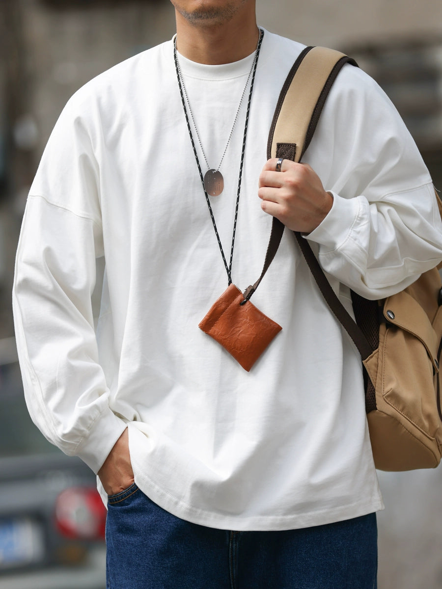 Japanese 290g heavy-duty long-sleeved T-shirt men's line splicing sleeve cage loose solid color round neck casual bottoming shirt