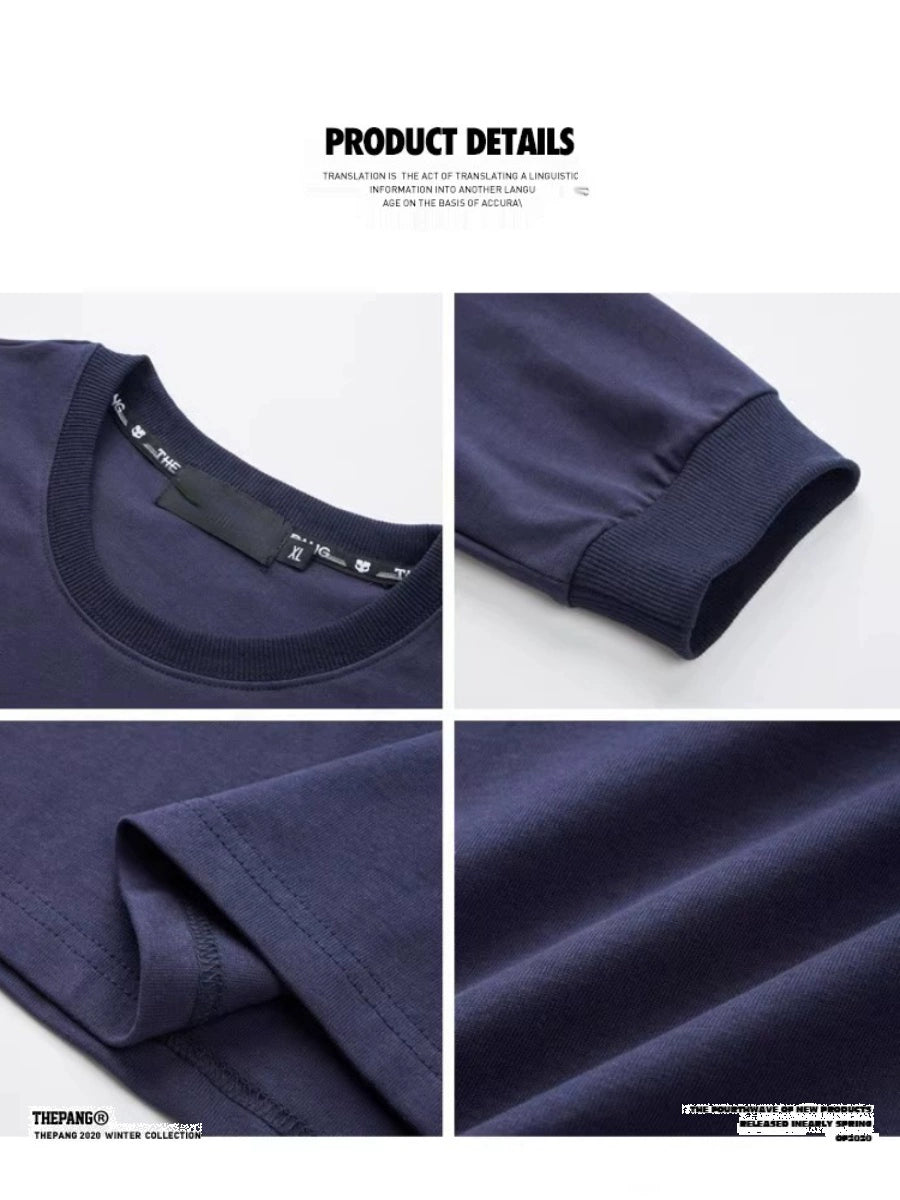 Spring and Autumn Solid Color Bottom Pure Cotton Long Sleeve T-Shirt Men's Fatty Loose Crew Neck Pullover Inside with T-Shirt On Clothes