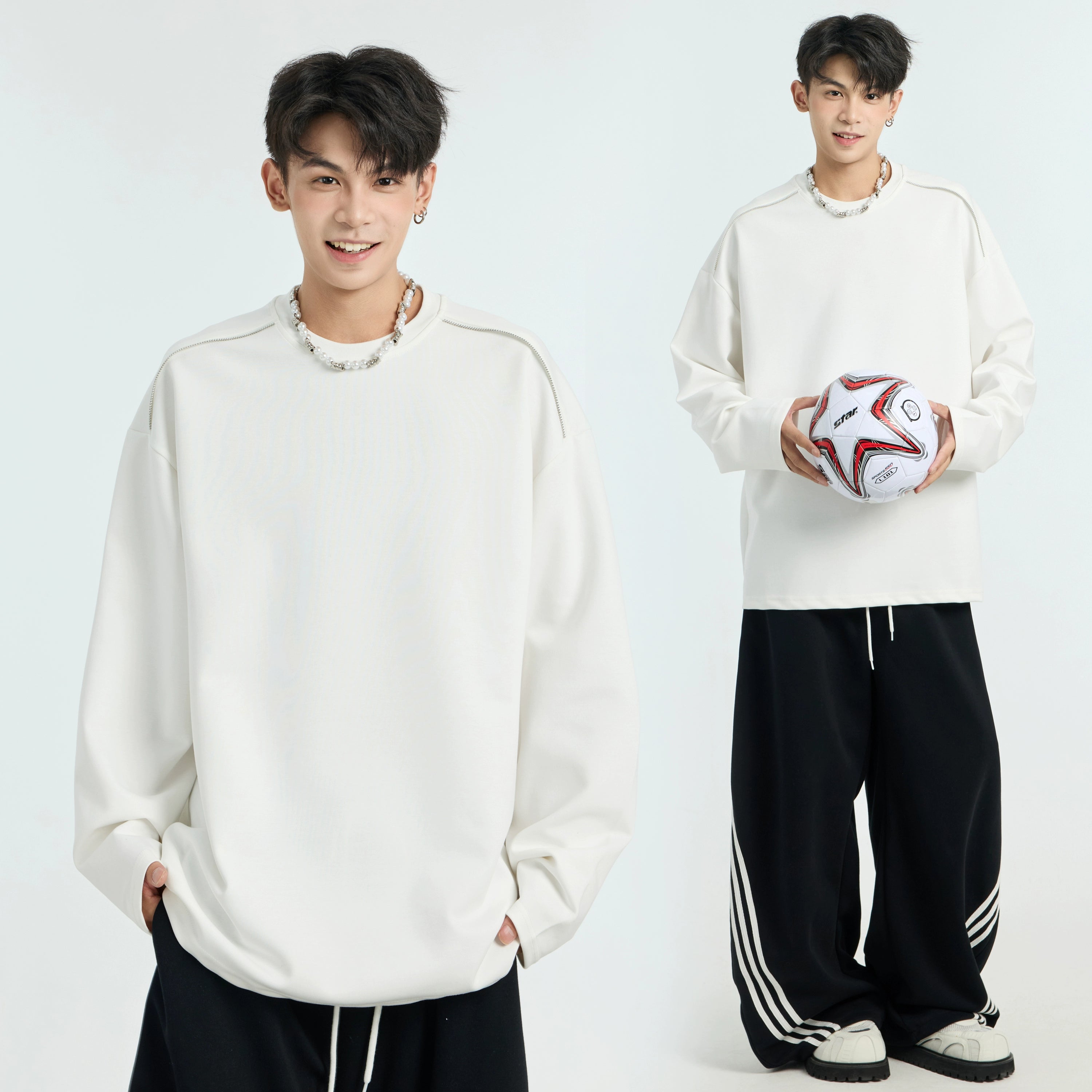 Fleece thickened solid color long-sleeved T-shirt men's American heavy loose couple bottoming shirt