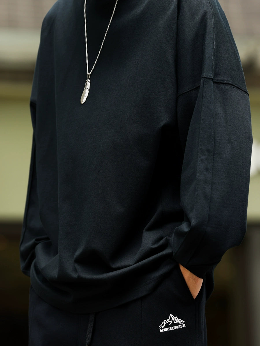 Japanese 290g heavy-duty long-sleeved T-shirt men's line splicing sleeve cage loose solid color round neck casual bottoming shirt