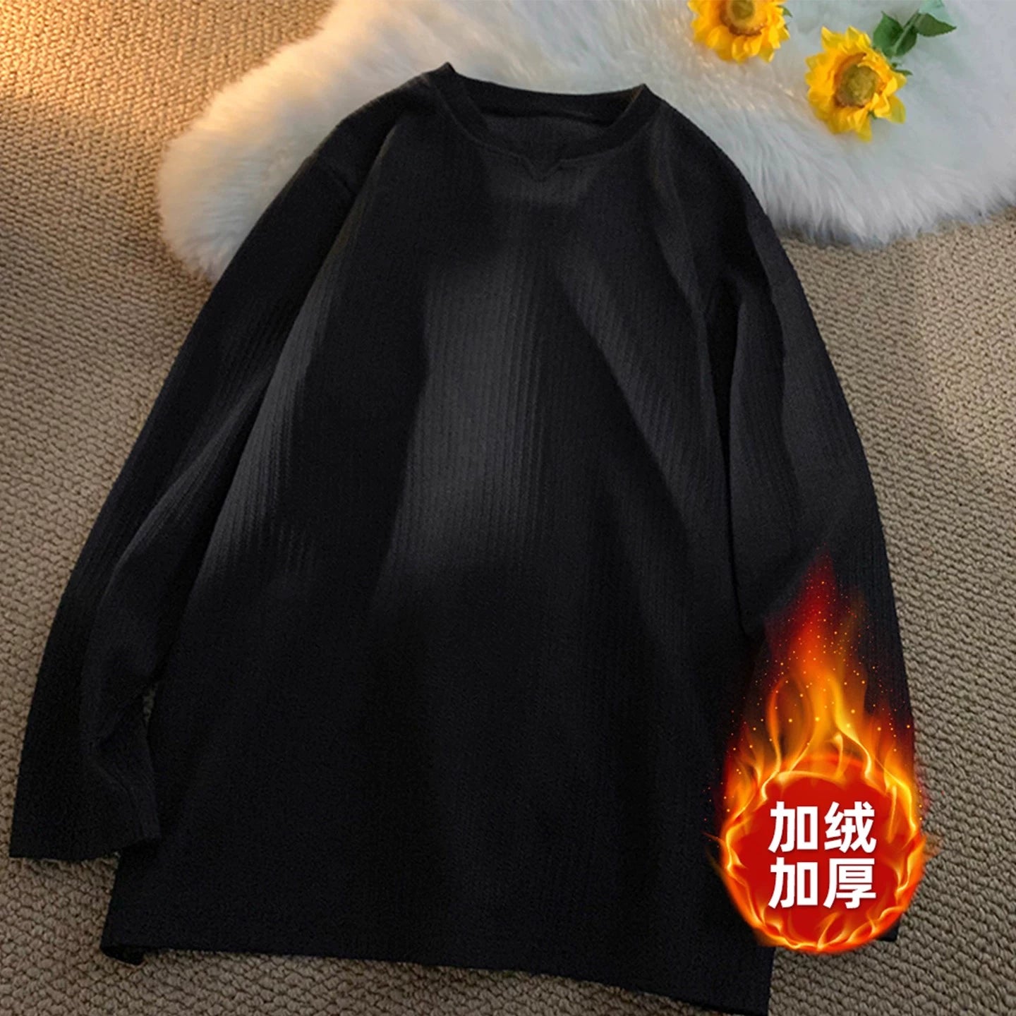 Men's autumn and winter thickened thermal top with V-neck long-sleeved T-shirt heavy and loose