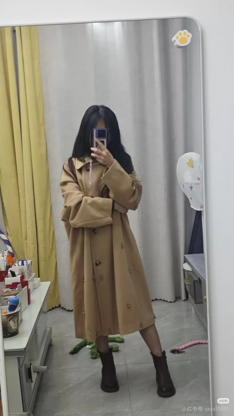 Taylor Swift-Inspired Oversized Beige Pearl-Trim Coat – actual product photo 7