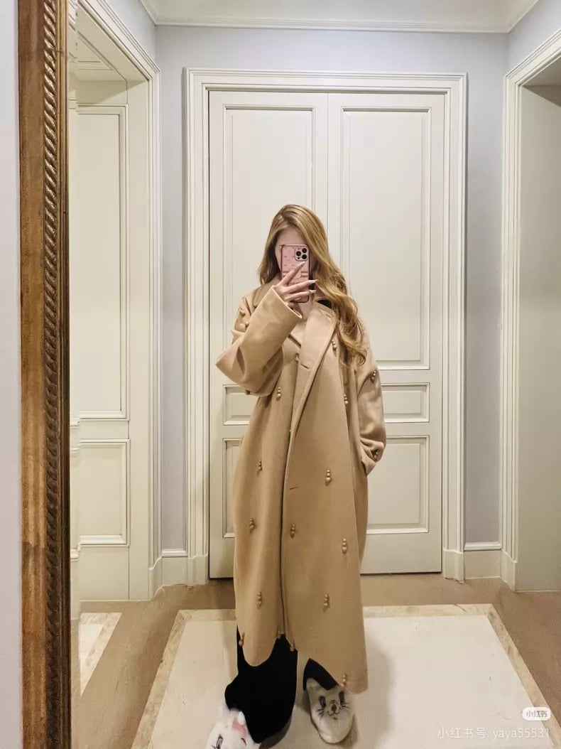 Taylor Swift-Inspired Oversized Beige Pearl-Trim Coat – actual product photo 6