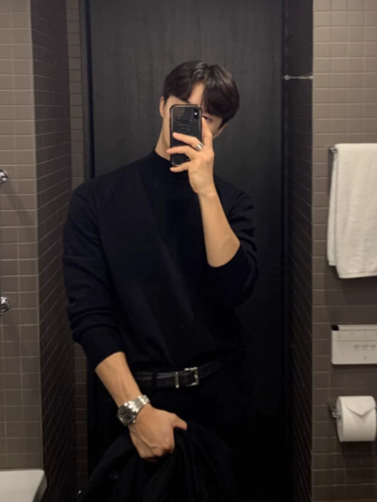 German velvet semi-turtleneck bottoming shirt men's autumn and winter velvet suit inner top mature and stable men's long-sleeved t-shirt