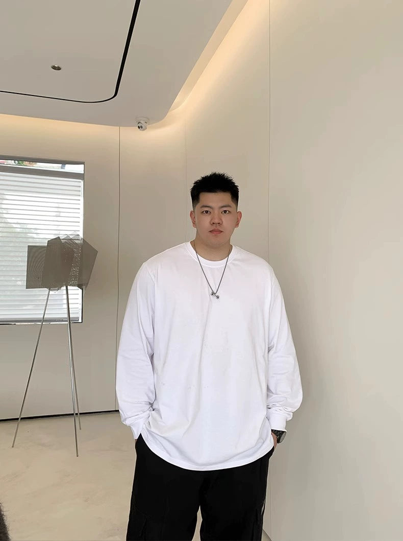 Spring and Autumn Solid Color Bottom Pure Cotton Long Sleeve T-Shirt Men's Fatty Loose Crew Neck Pullover Inside with T-Shirt On Clothes