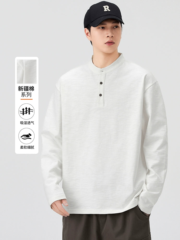 Slub cotton cotton long-sleeved T-shirt men's spring and autumn Henry collar loose bottoming top