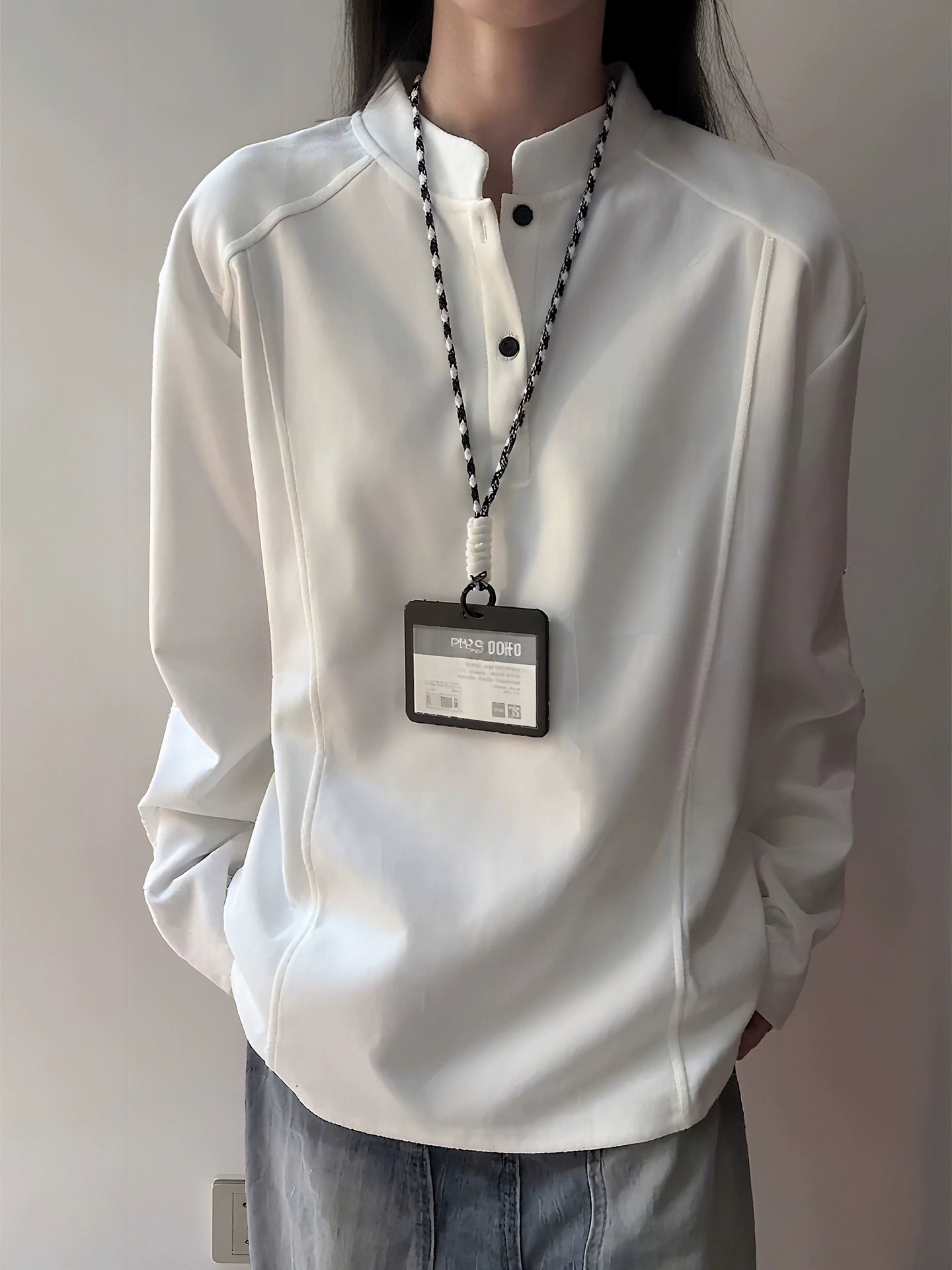 White gray Henry collar front shoulder long-sleeved T-shirt men's autumn American deconstruction splicing heavy sweater stand-up collar bottoming shirt