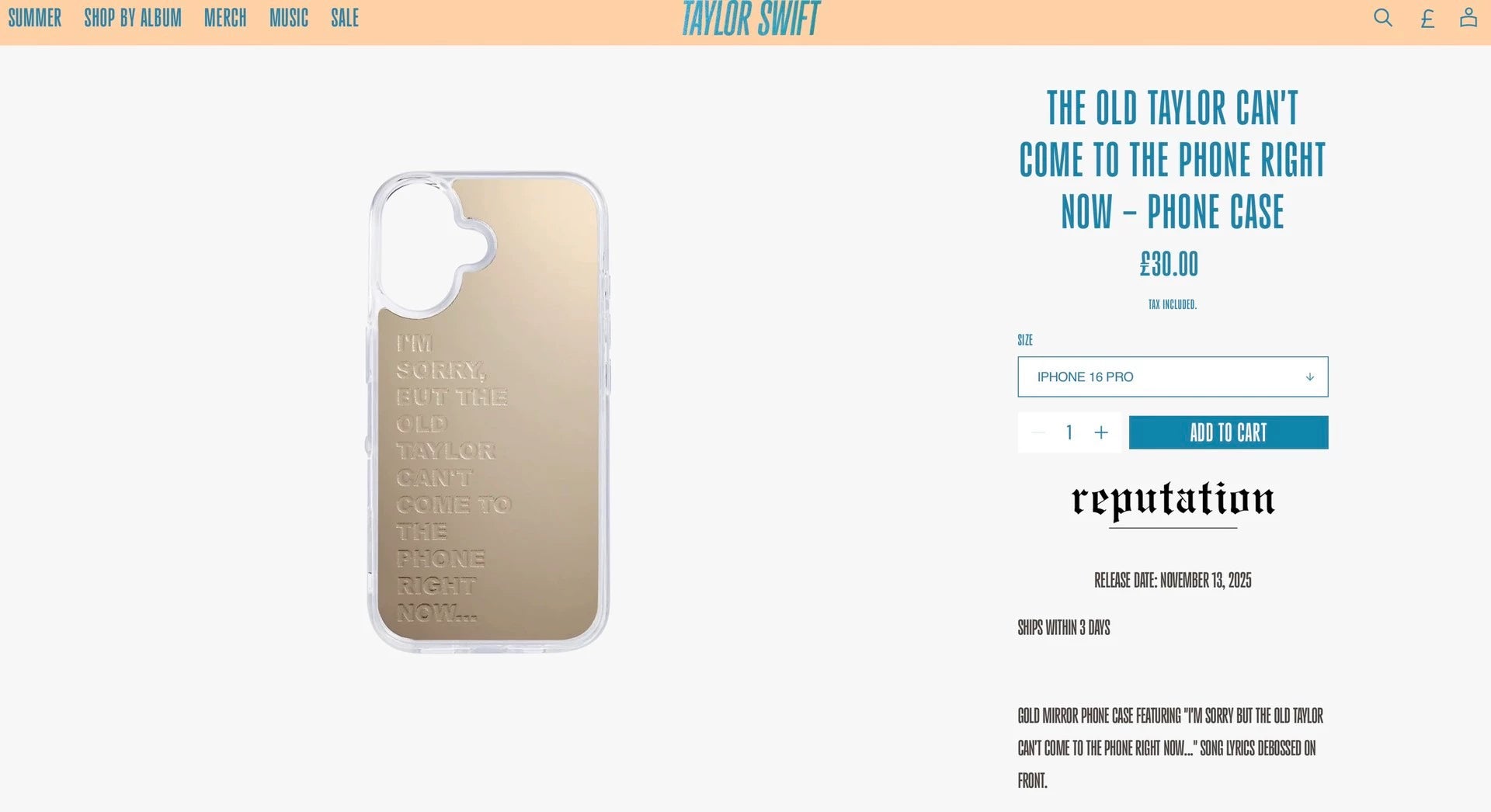 Taylor Swift – Reputation “Old Taylor” Mirror Phone Case – iPhone 16 Pro — front view