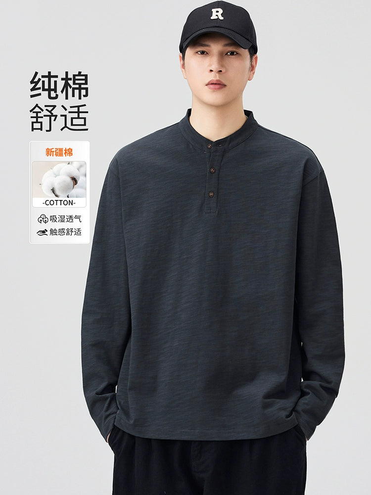 Slub cotton cotton long-sleeved T-shirt men's spring and autumn Henry collar loose bottoming top