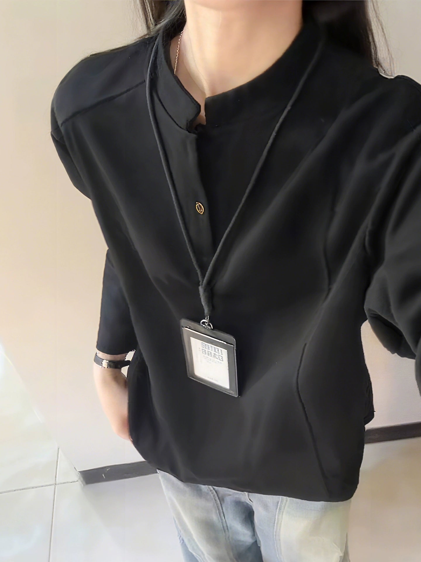 White gray Henry collar front shoulder long-sleeved T-shirt men's autumn American deconstruction splicing heavy sweater stand-up collar bottoming shirt