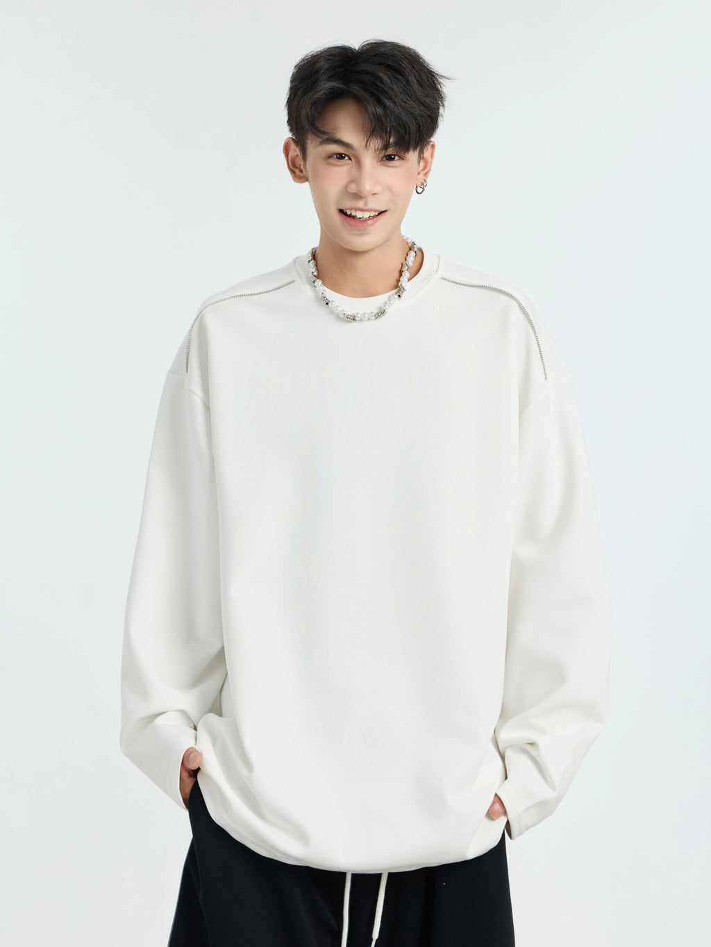 Fleece thickened solid color long-sleeved T-shirt men's American heavy loose couple bottoming shirt