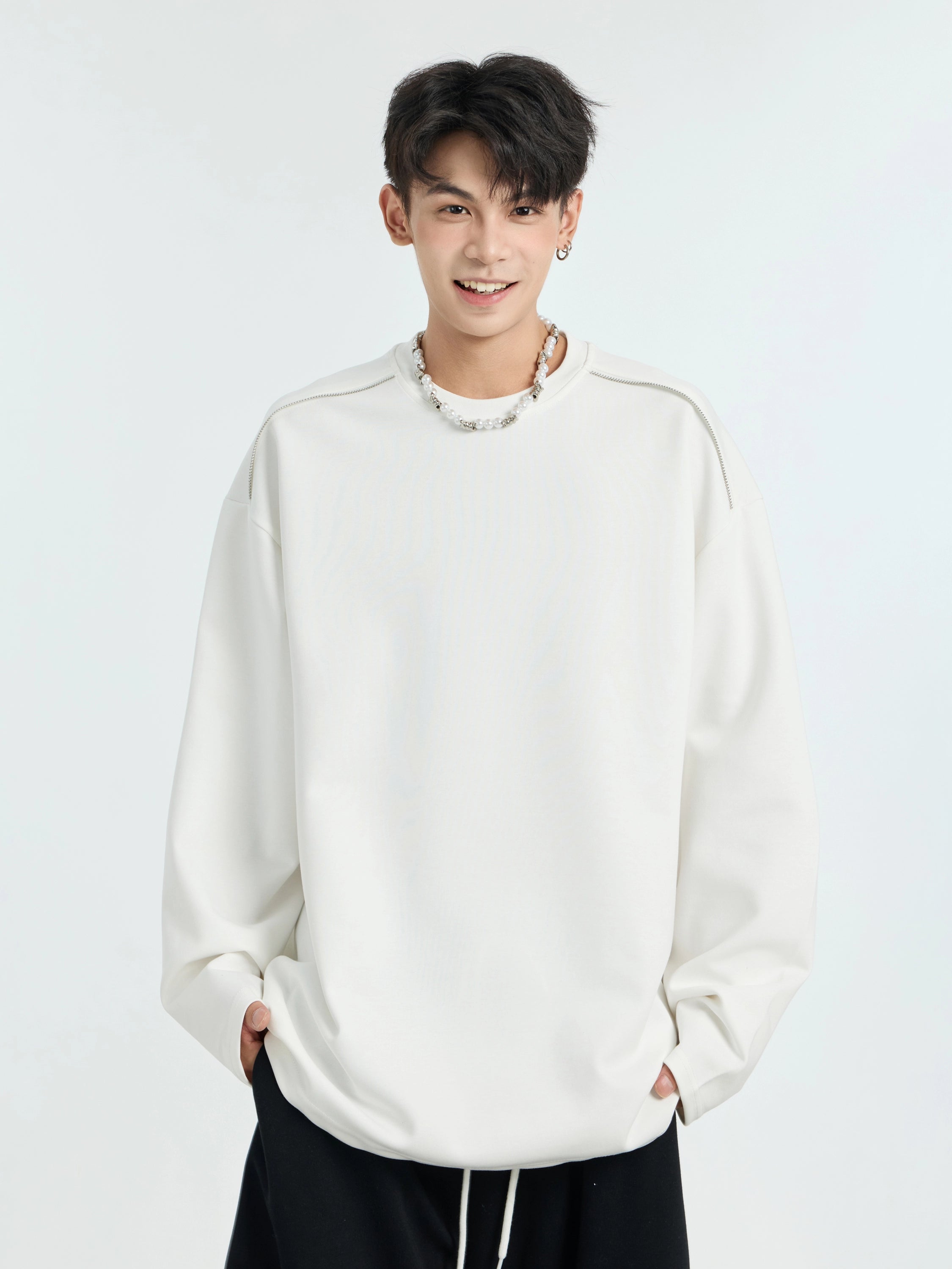 Fleece thickened solid color long-sleeved T-shirt men's American heavy loose couple bottoming shirt