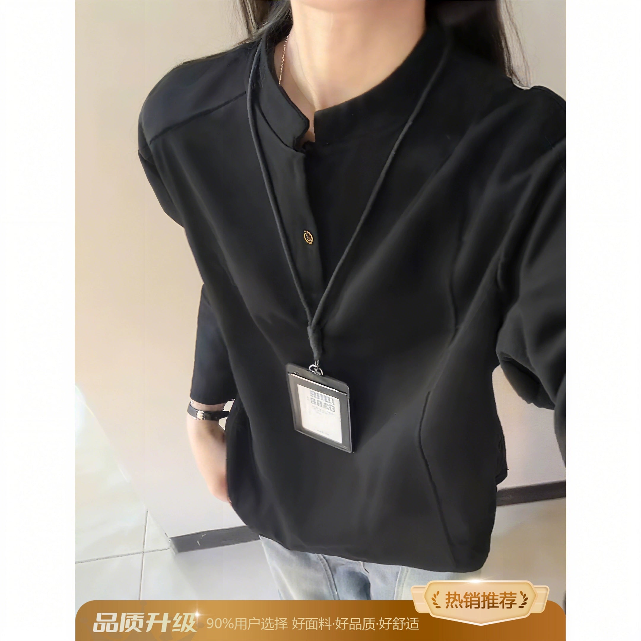 White gray Henry collar front shoulder long-sleeved T-shirt men's autumn American deconstruction splicing heavy sweater stand-up collar bottoming shirt