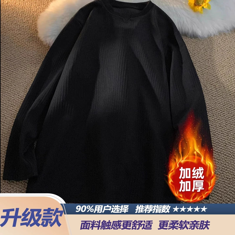 Men's autumn and winter thickened thermal top with V-neck long-sleeved T-shirt heavy and loose
