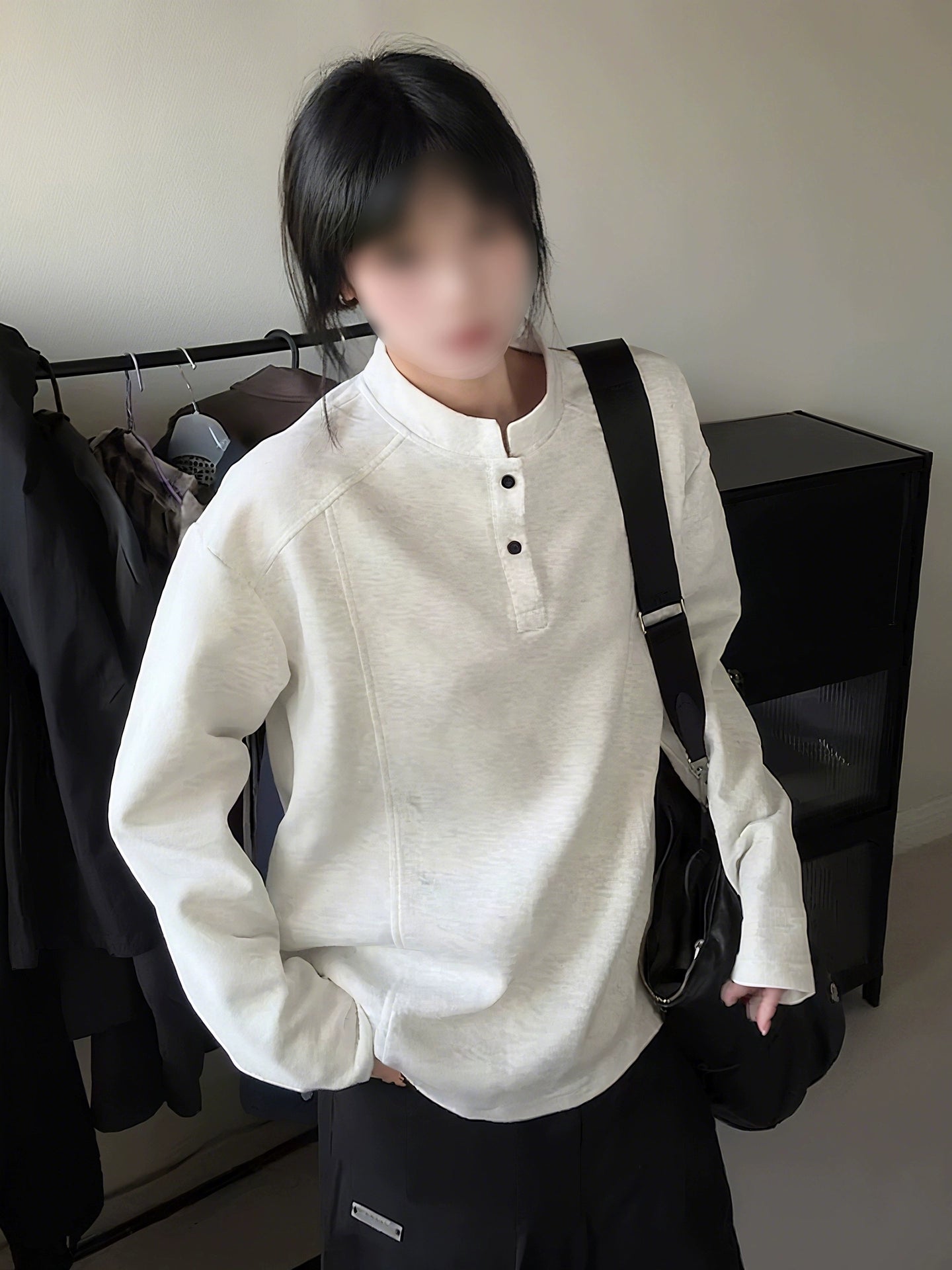 White gray Henry collar front shoulder long-sleeved T-shirt men's autumn American deconstruction splicing heavy sweater stand-up collar bottoming shirt