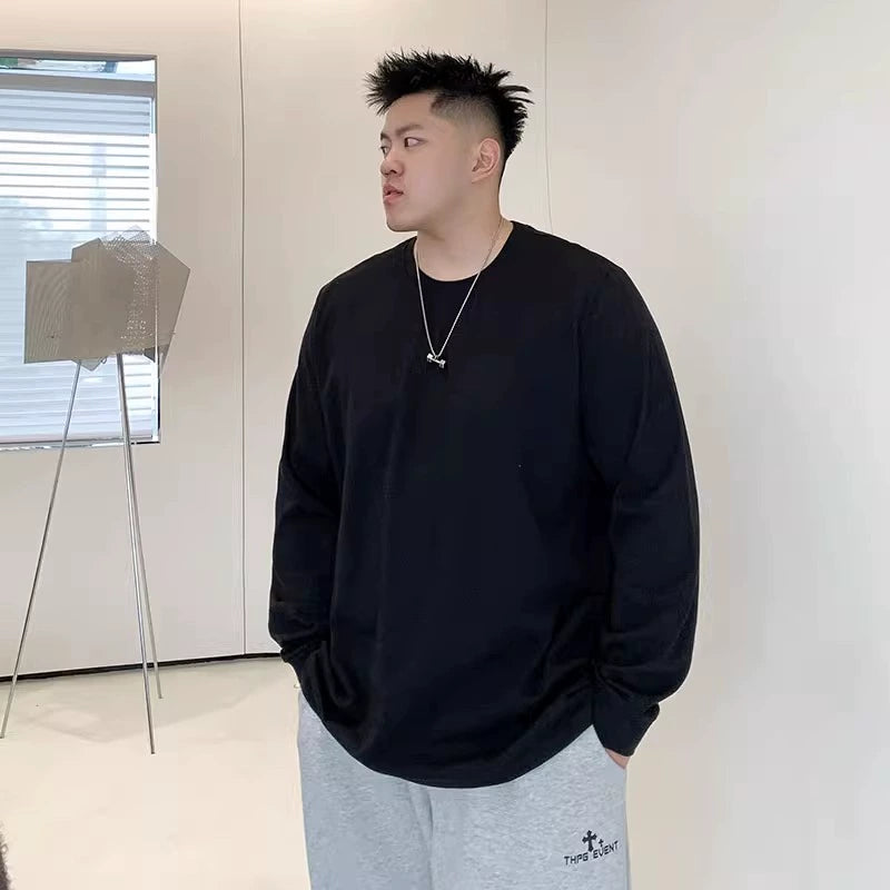 Spring and Autumn Solid Color Bottom Pure Cotton Long Sleeve T-Shirt Men's Fatty Loose Crew Neck Pullover Inside with T-Shirt On Clothes