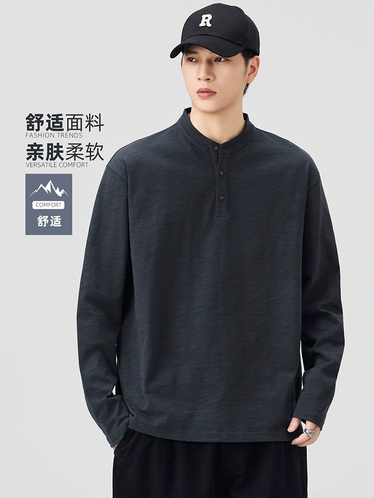 Slub cotton cotton long-sleeved T-shirt men's spring and autumn Henry collar loose bottoming top