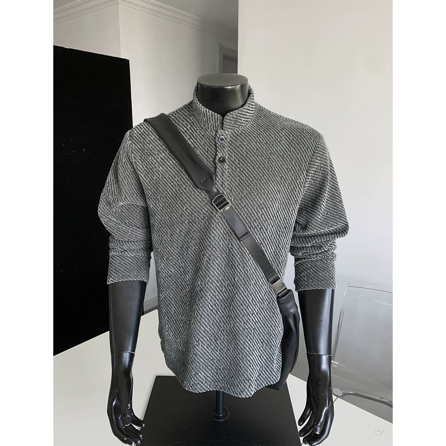 American front shoulder Henry shirt men's long-sleeved t-shirt spring and autumn top with trendy brand texture jacquard Polo sweater men