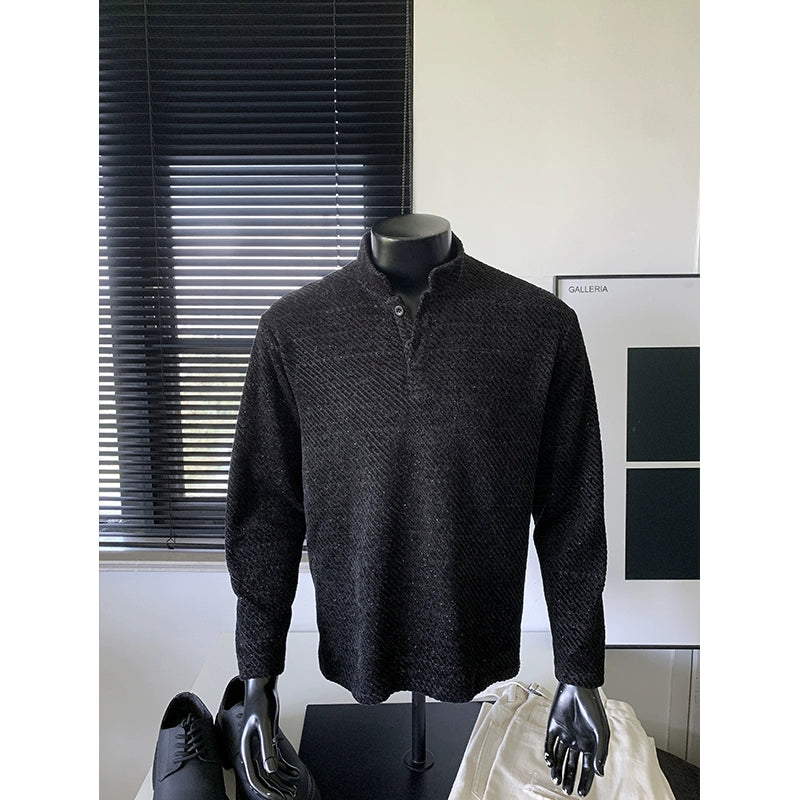 American front shoulder Henry shirt men's long-sleeved t-shirt spring and autumn top with trendy brand texture jacquard Polo sweater men