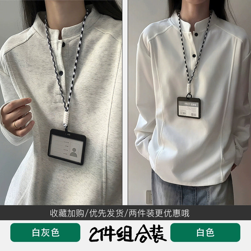 White gray Henry collar front shoulder long-sleeved T-shirt men's autumn American deconstruction splicing heavy sweater stand-up collar bottoming shirt