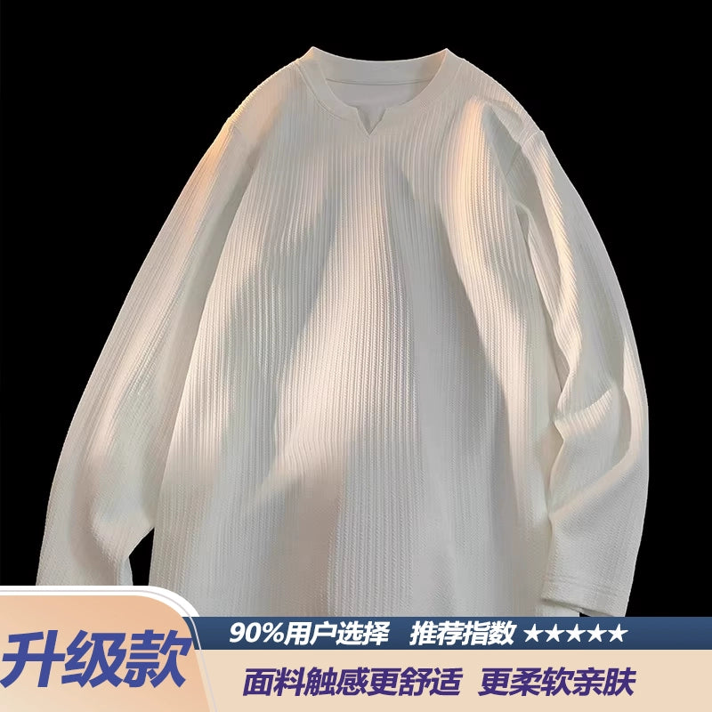 Men's autumn and winter thickened thermal top with V-neck long-sleeved T-shirt heavy and loose