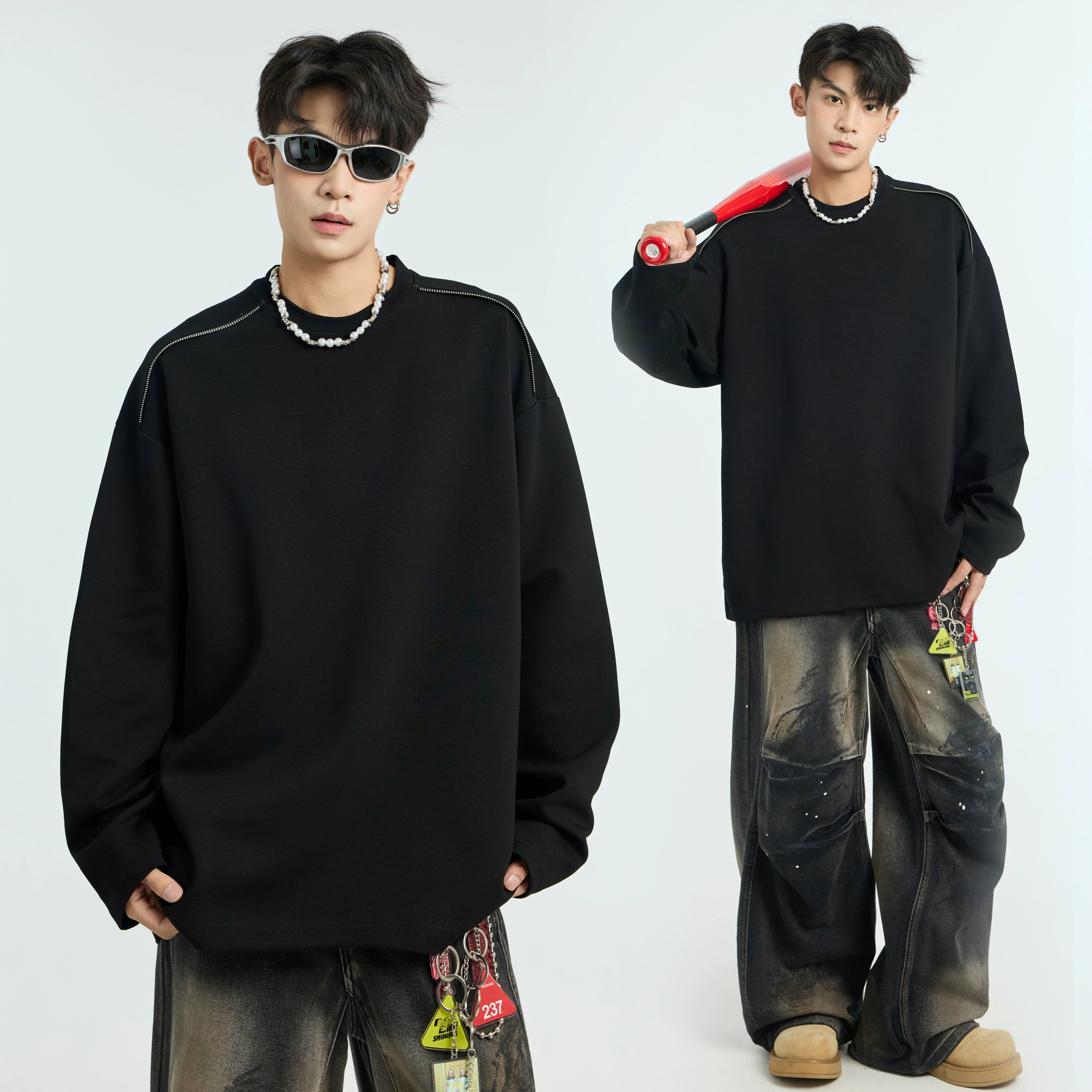 Fleece thickened solid color long-sleeved T-shirt men's American heavy loose couple bottoming shirt