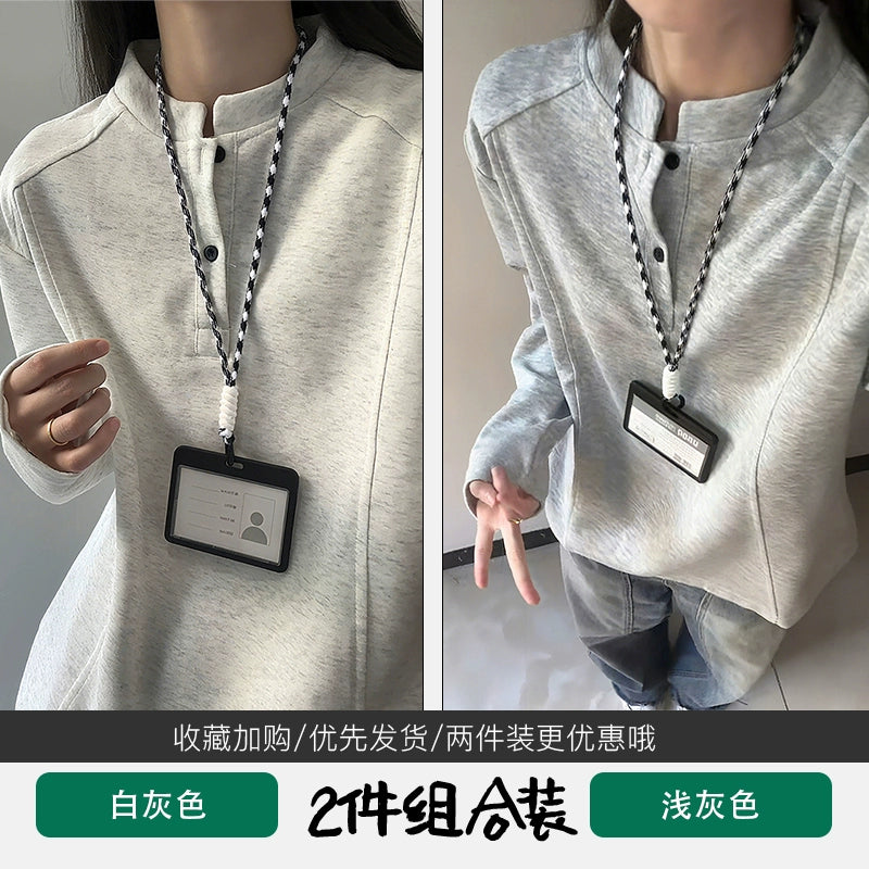 White gray Henry collar front shoulder long-sleeved T-shirt men's autumn American deconstruction splicing heavy sweater stand-up collar bottoming shirt