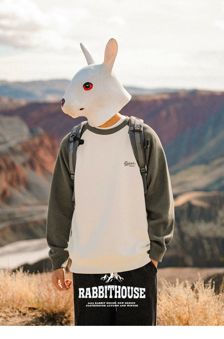 Spring and Autumn Japanese Trend Contrast Color Ragged Shoulder Embroidered Waffle Sweater Men's Crew Neck Pullover Casual Top