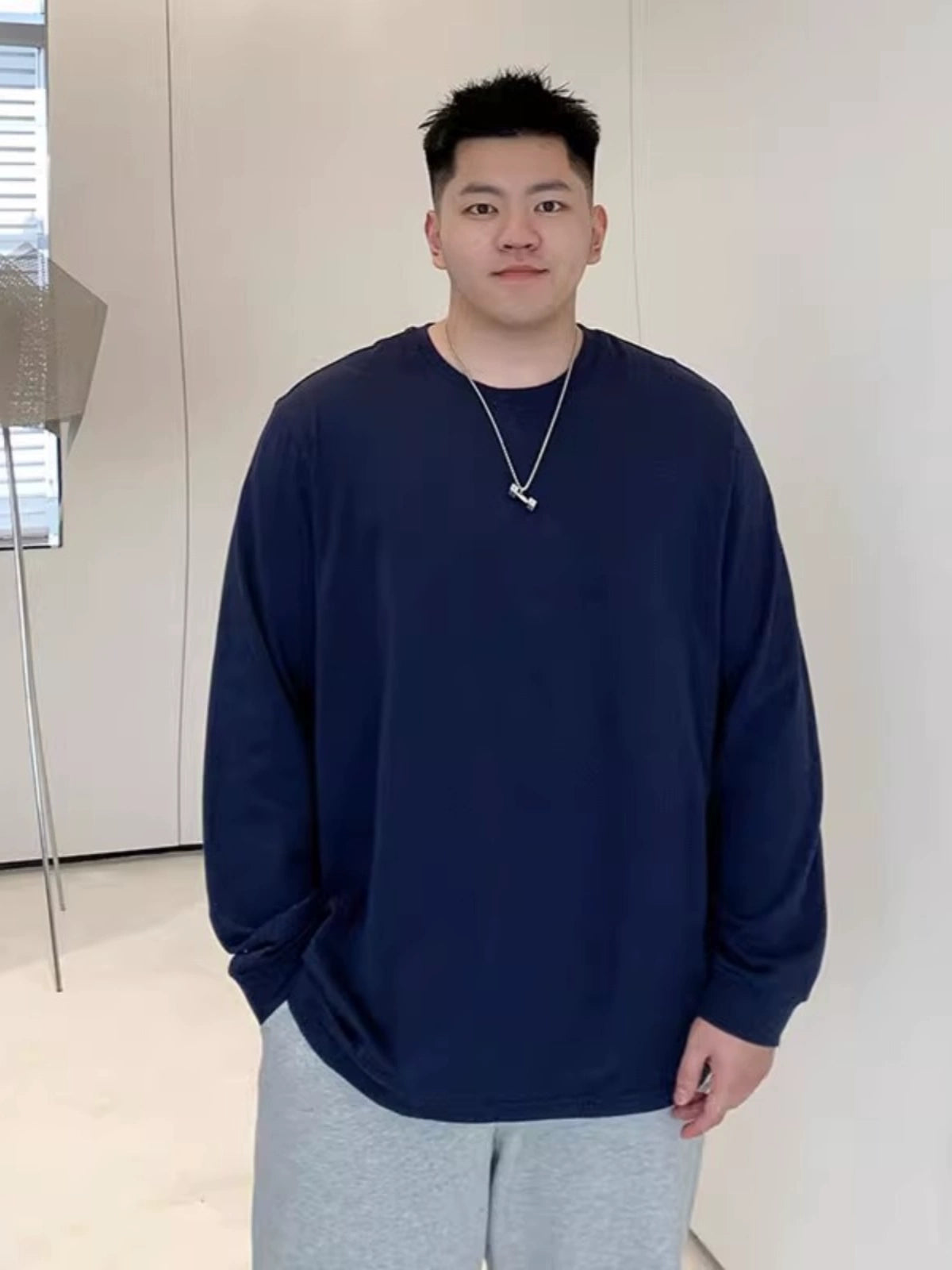 Spring and Autumn Solid Color Bottom Pure Cotton Long Sleeve T-Shirt Men's Fatty Loose Crew Neck Pullover Inside with T-Shirt On Clothes