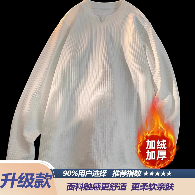 Men's autumn and winter thickened thermal top with V-neck long-sleeved T-shirt heavy and loose