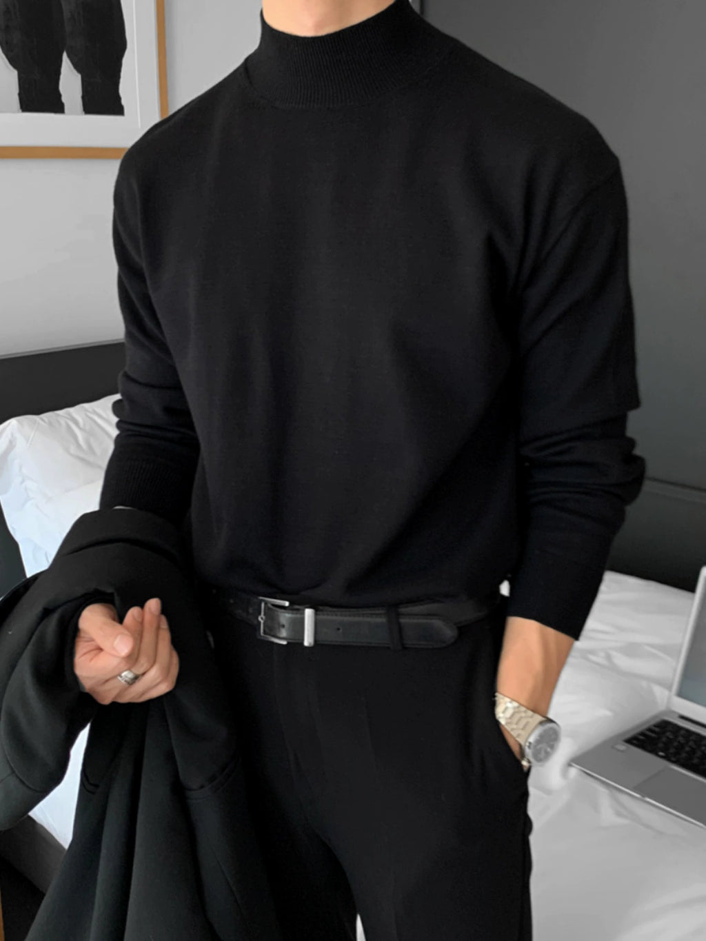German velvet semi-turtleneck bottoming shirt men's autumn and winter velvet suit inner top mature and stable men's long-sleeved t-shirt