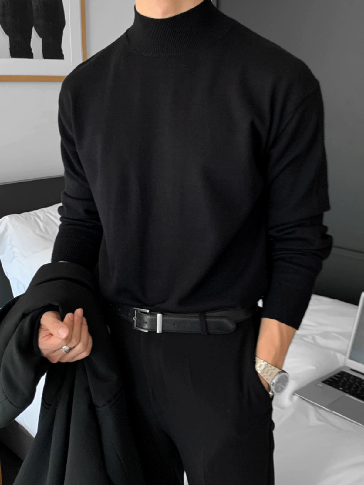 German velvet semi-turtleneck bottoming shirt men's autumn and winter velvet suit inner top mature and stable men's long-sleeved t-shirt