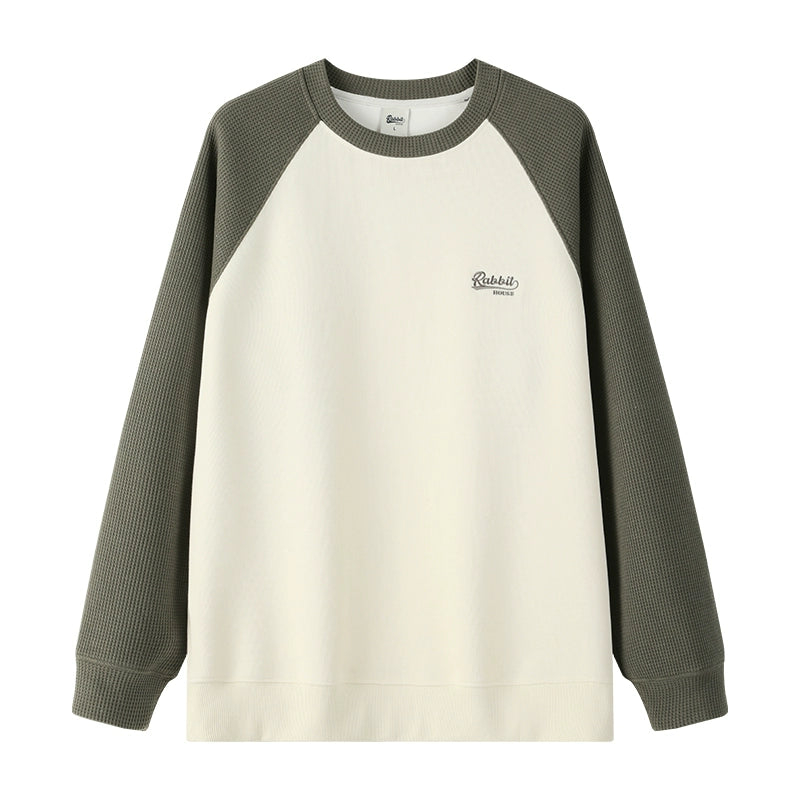 Spring and Autumn Japanese Trend Contrast Color Ragged Shoulder Embroidered Waffle Sweater Men's Crew Neck Pullover Casual Top