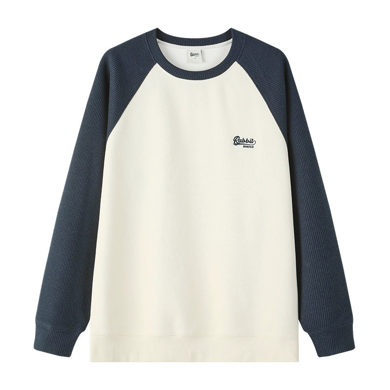 Spring and Autumn Japanese Trend Contrast Color Ragged Shoulder Embroidered Waffle Sweater Men's Crew Neck Pullover Casual Top